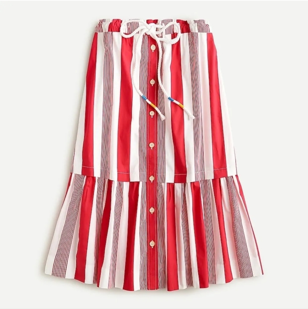 J. Crew Re- Imagined Midi Poplin Drawstring Skirt in Stripe Red White siz medium